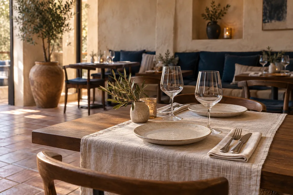 Mesa preparada para el servicio en un restaurante mediterráneo imaginado