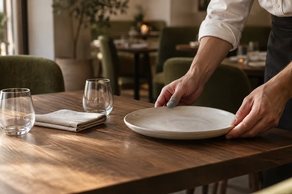 Un camarero prepara una mesa antes del servicio en un bistró imaginado