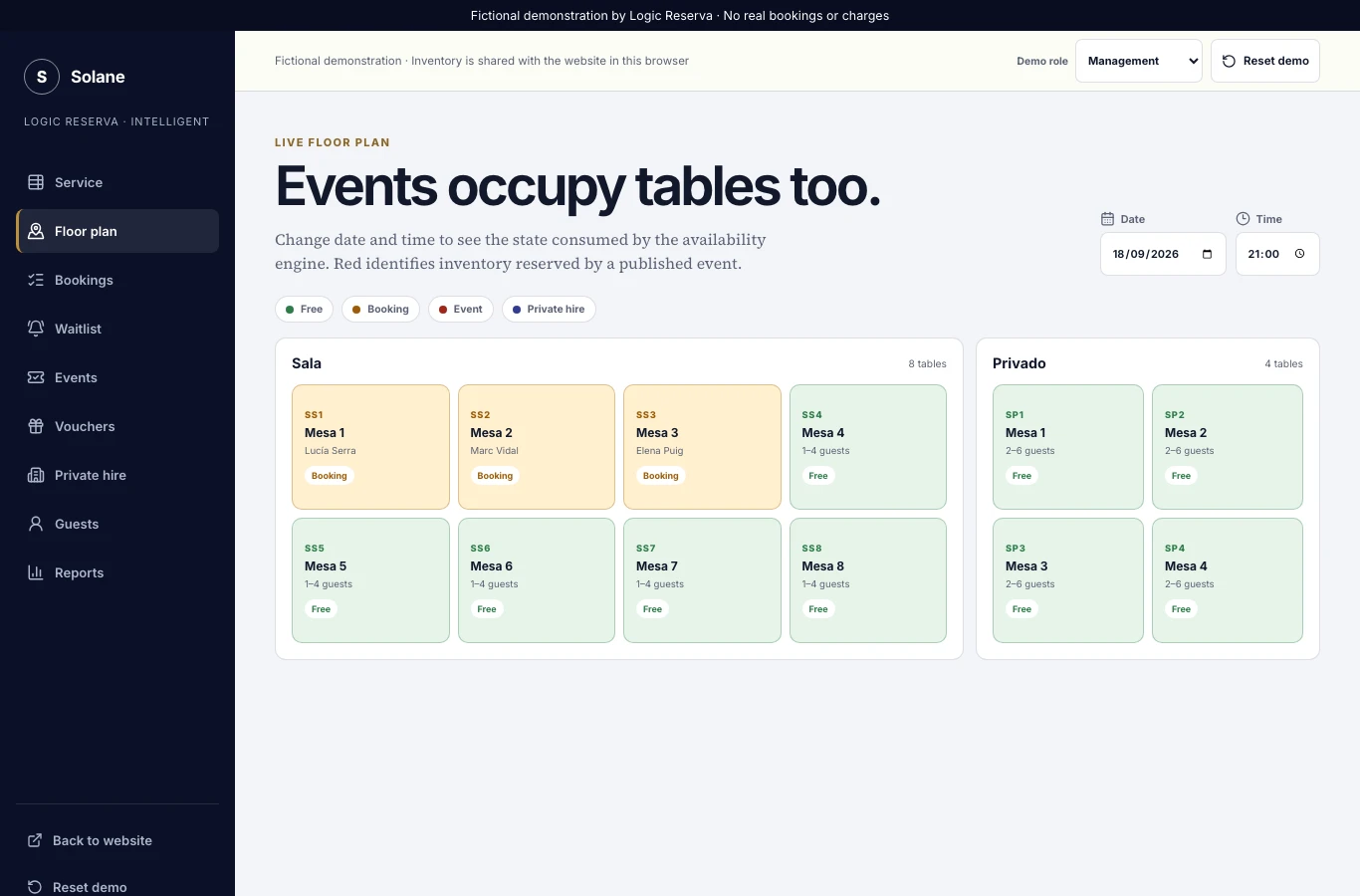 Solane floor plan with rooms, capacity and table status