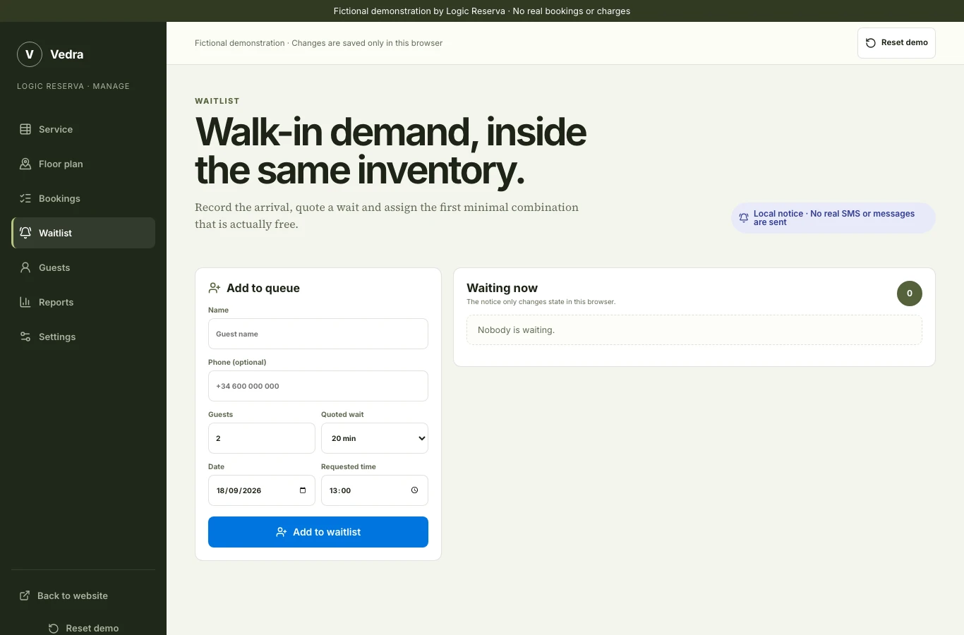 Vedra waitlist with arrival registration and floor availability