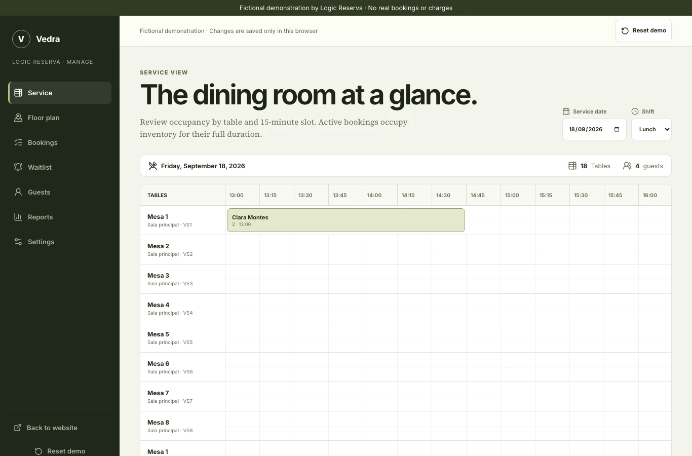 Vedra service agenda with bookings and table assignments