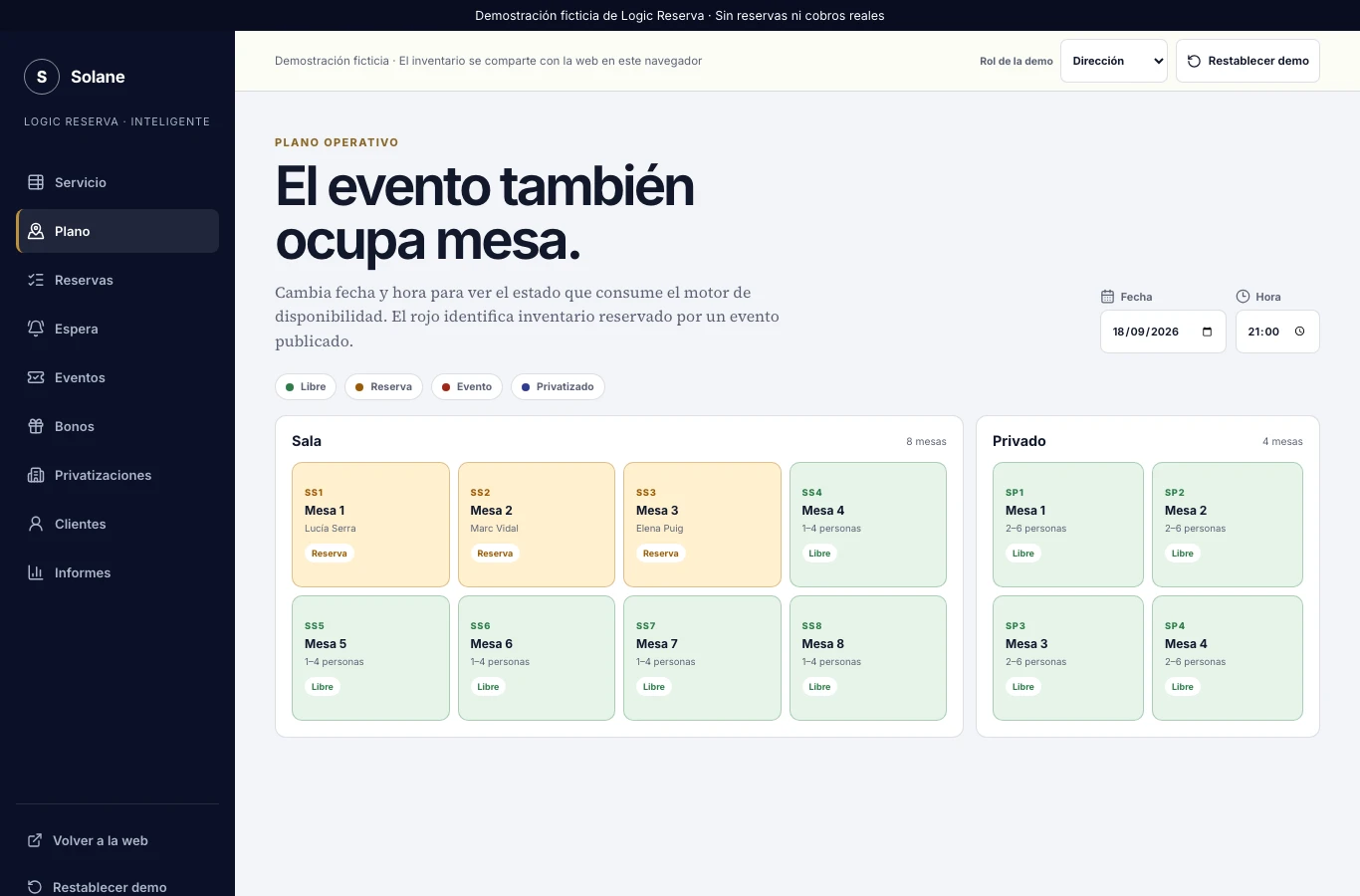 Plano de sala de Solane con espacios, capacidad y estado de las mesas