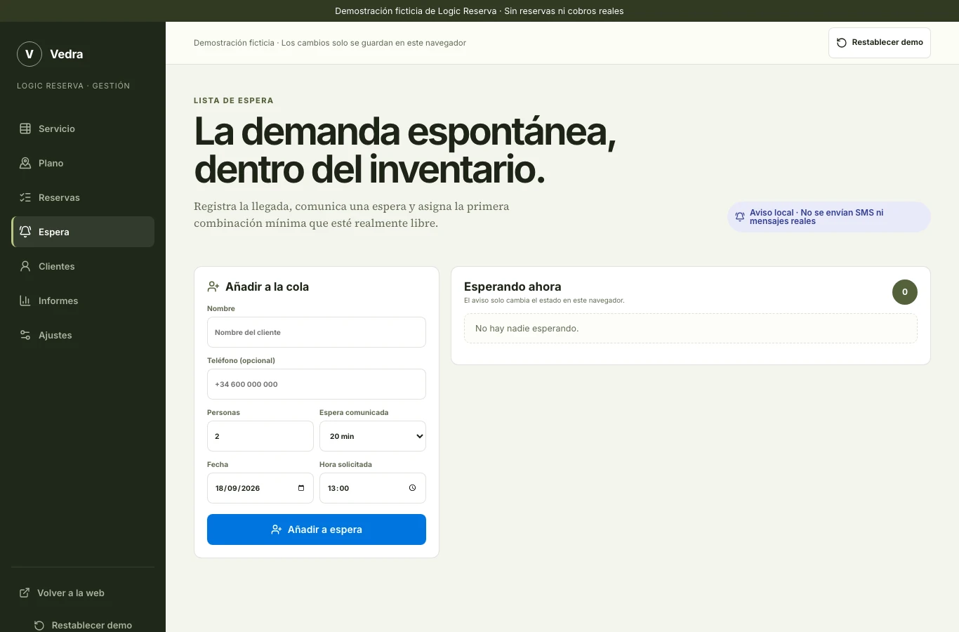 Lista de espera de Vedra con registro de llegadas y disponibilidad de sala