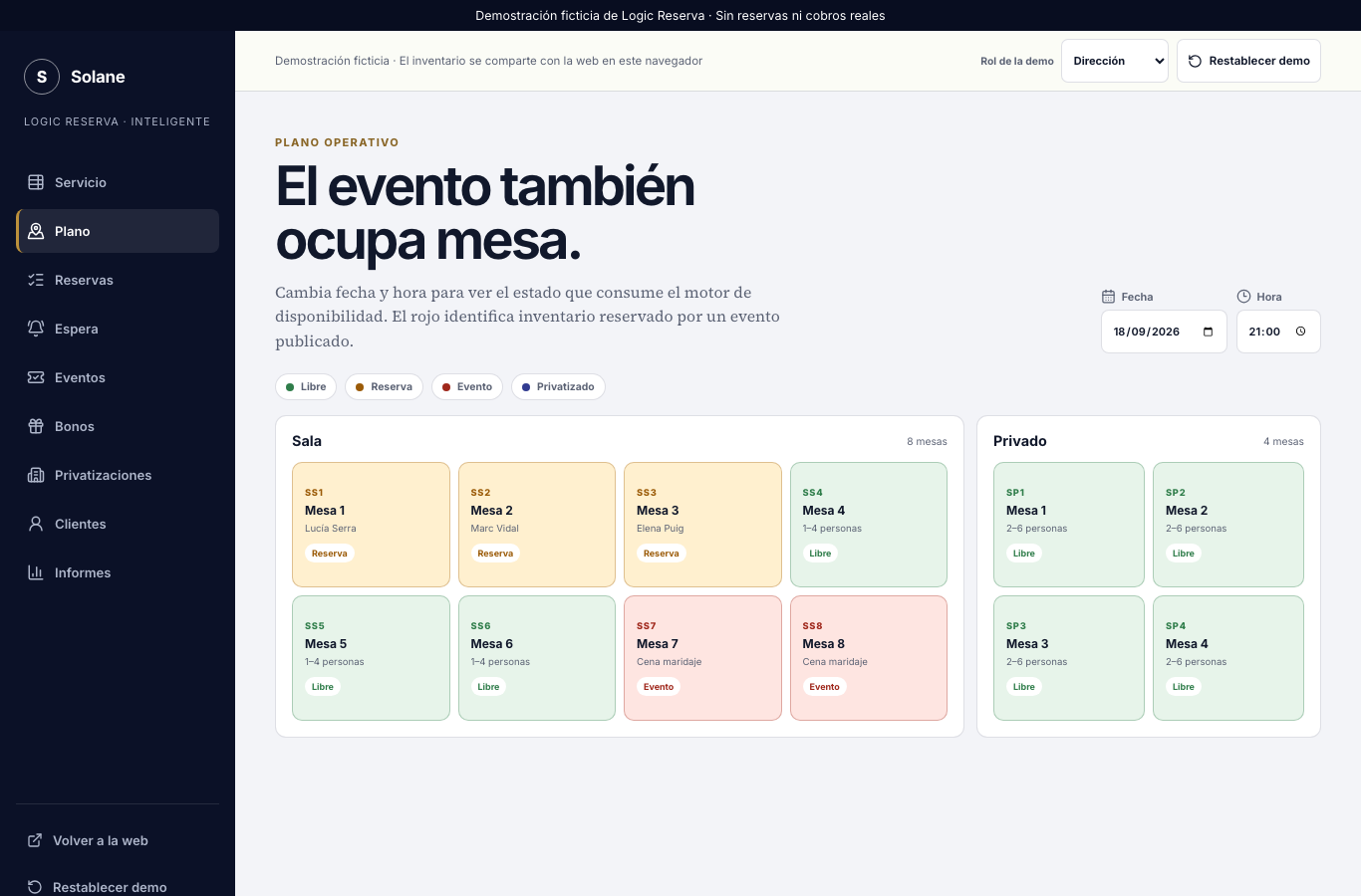 Plano de Solane con mesas reservadas para el servicio y para una cena maridaje